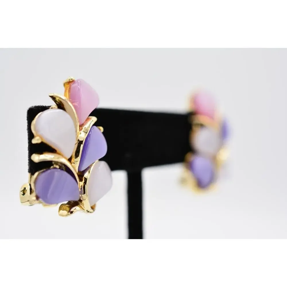Kramer Vintage Clip On Earrings Purple Pink Lucite Floral Leaf Gold Signed BinAA